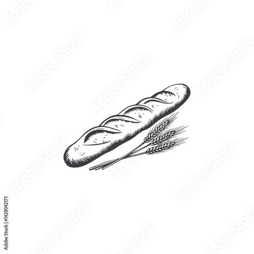 Engraving illustration of baguette and ears of wheat. Vintage bread illustration for bakery. Vector illustration