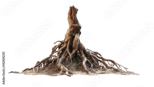 Realistic Tree Roots Climbing Upwards Like a Sculpture Transparent Background
