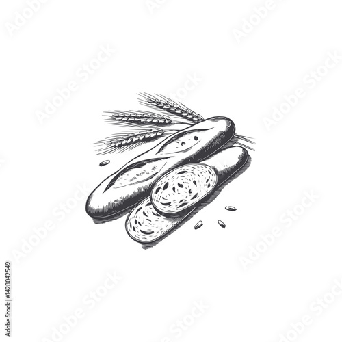 Engraving illustration of baguette and ears of wheat. Vintage bread illustration for bakery. Vector illustration