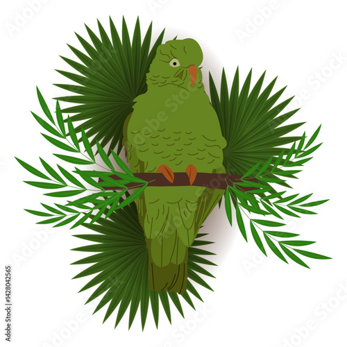 Green budgie sitting on brown branch with tropical branches and leaves. Vector illustration. Summer composition isolated on white or transparent background. Close-up element for design.