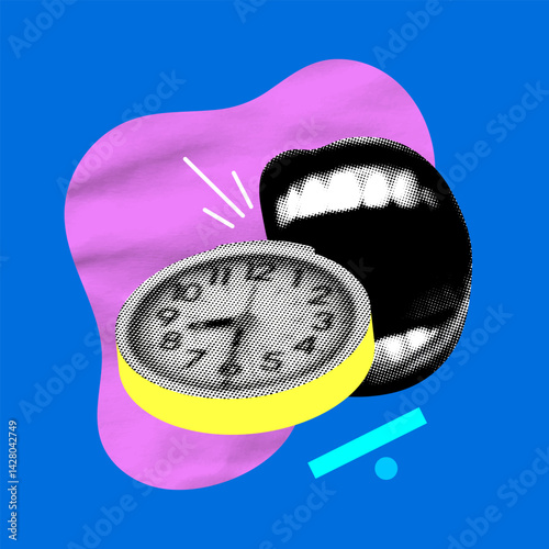 Time traps concept. Halftone mouth eats alarm clock. Modern collage. Time management. Deadline concept. Time waste