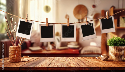 Obraz na płótnie Polaroid photo frames hang on twine above wooden desk, creating cozy crafting setup. blurred background adds warmth and charm to artistic scene w salonie