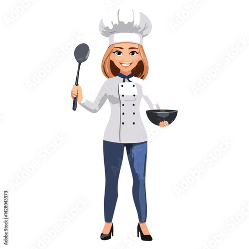 Mastering the Kitchen. A Professional Girl Chef with a Ladle
