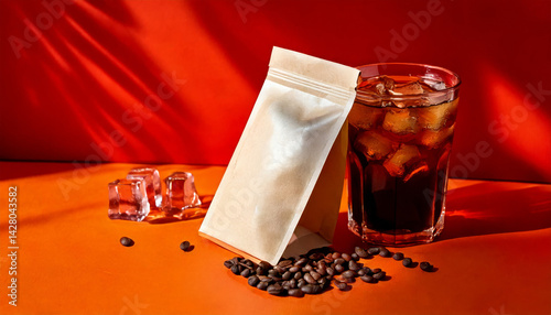 Obraz na płótnie refreshing iced coffee in glass with ice cubes is set against vibrant orange background, accompanied by blank kraft paper bag and scattered coffee beans, creating modern beverage branding mockup w salonie
