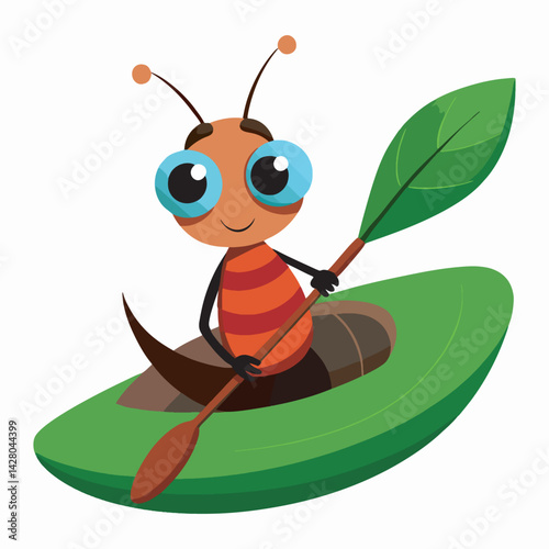 An ant rides onto a green leaf boat vector and illustration.