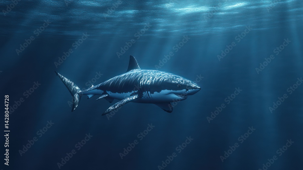 Fototapeta premium Great white shark swimming in deep blue ocean water with sun rays.