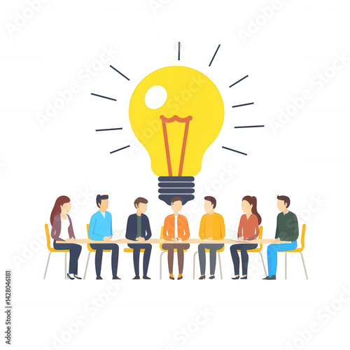 A diverse group of people having a brainstorming session around a table, with a large light bulb symbolizing ideas above them, conveying collaboration and creative thinking.