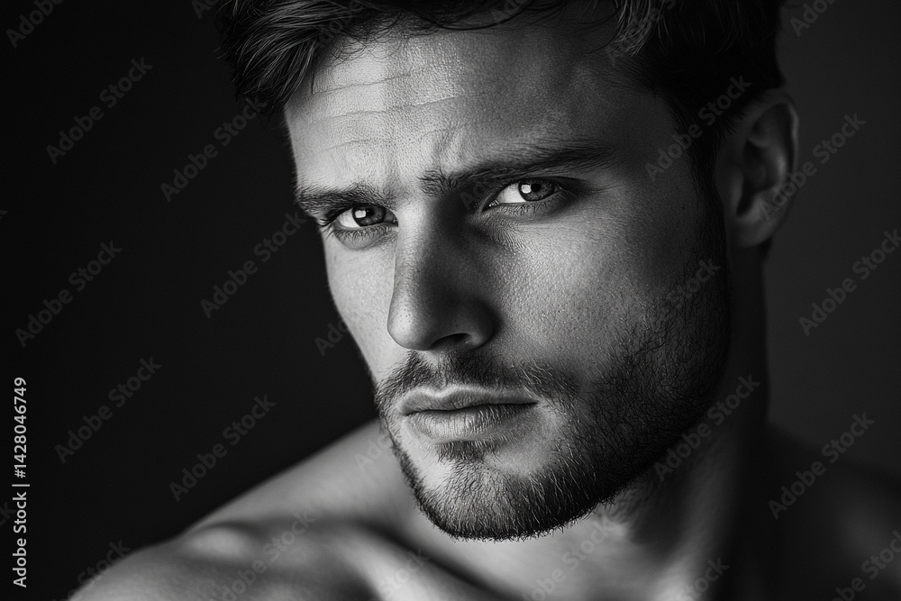Obraz premium Black and white male beauty portrait with subtle glow on cheekbones 
