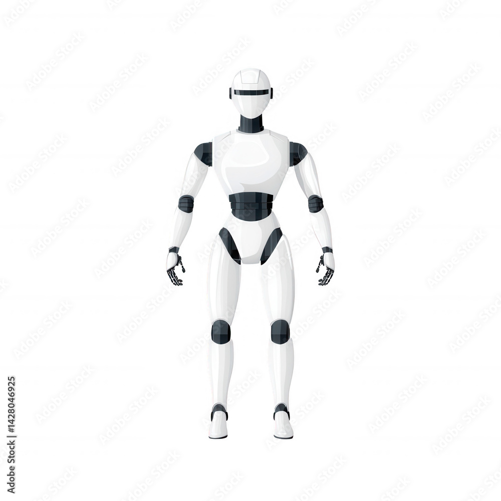 Fototapeta premium A futuristic humanoid robot standing upright against a white isolated background, showcasing advanced robotics and design features, perfect for technology-themed projects.