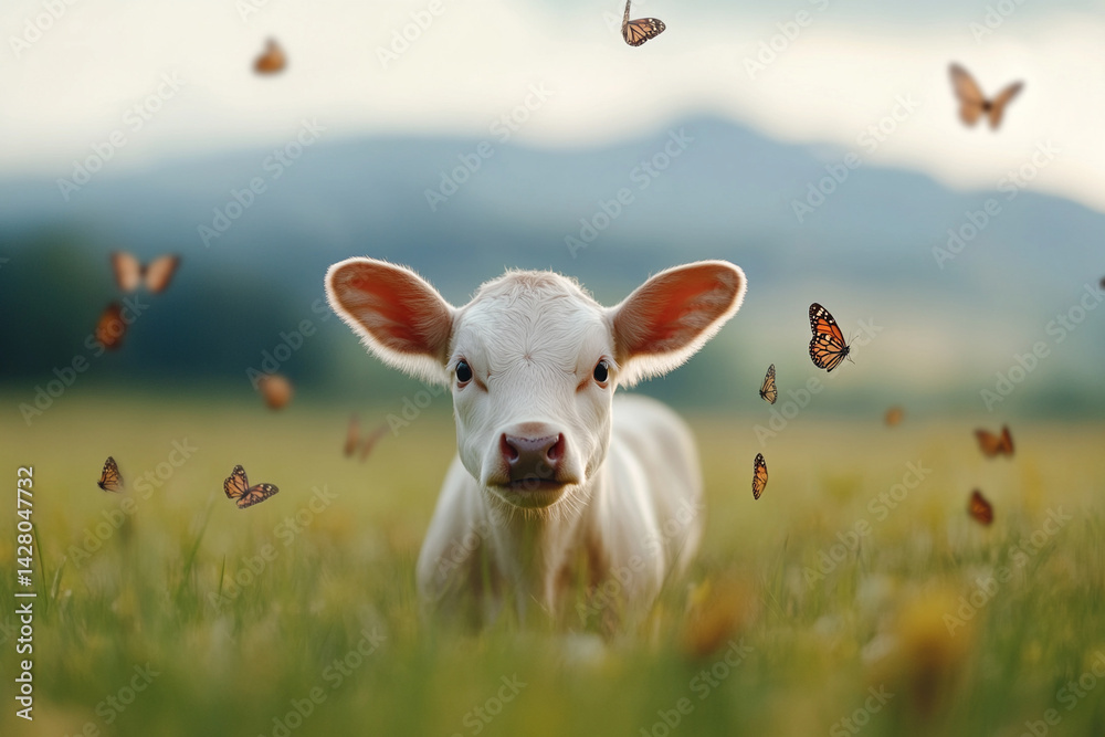 Obraz premium Calf surrounded by butterflies in wild meadow, fairytale feeling