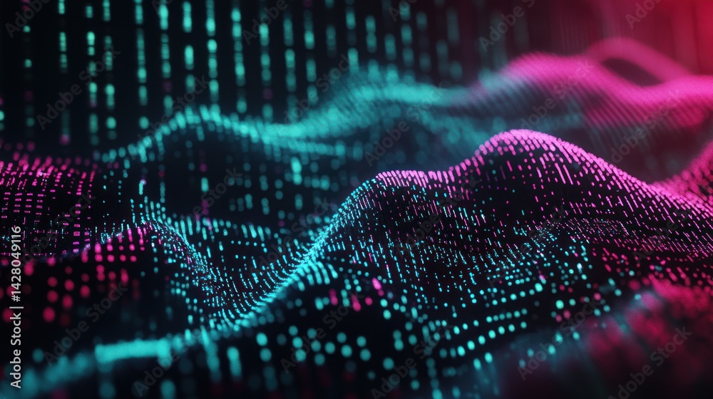 Abstract digital landscape with glowing dots in blue and pink colors. Abstract digital landscape with glowing dots in blue and pink colors.