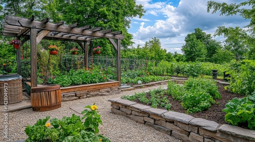 Well-maintained garden beds and pergola create a peaceful outdoor space.