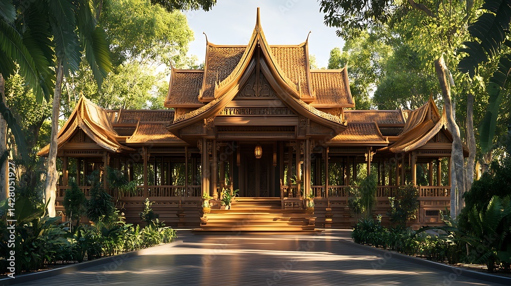 Fototapeta premium thai inspired wooden architecture with natural lighting and greenery