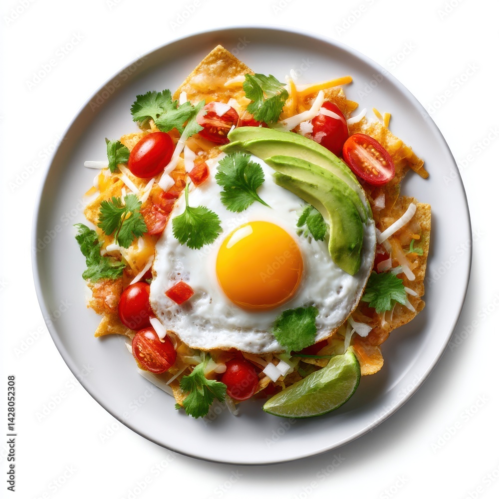 Plate of nachos topped with fried egg, avocado and tomatoes Plate of nachos topped with fried egg, avocado and tomatoes