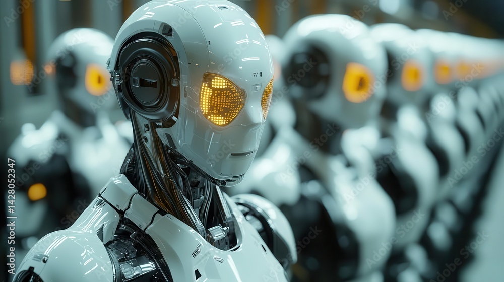 Fototapeta premium Line of humanoid robots with glowing eyes, futuristic technology concept.