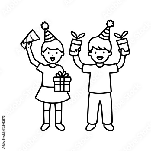 kids with party favors icon, kids with party favors line art - simple line art of kids with party favors, perfect for kids with party favors logos and icons