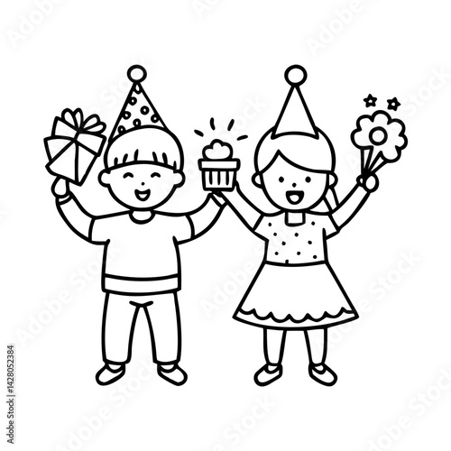 kids with party favors icon, kids with party favors line art - simple line art of kids with party favors, perfect for kids with party favors logos and icons
