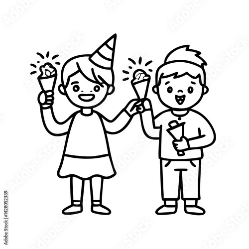 kids with party favors icon, kids with party favors line art - simple line art of kids with party favors, perfect for kids with party favors logos and icons