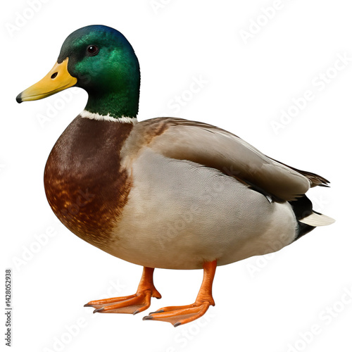 Male Mallard Duck Portrait Vibrant Green Head Detailed Feathers, isolated transparent background