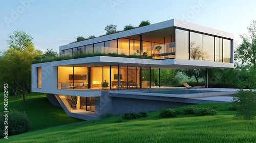 elevated house with wide glass walls and green landscape around