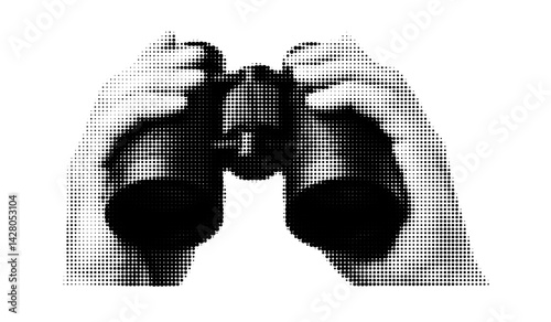 Binoculars and hands in collage art. Symbol of discovery, vision, curiosity, and strategic thinking.
