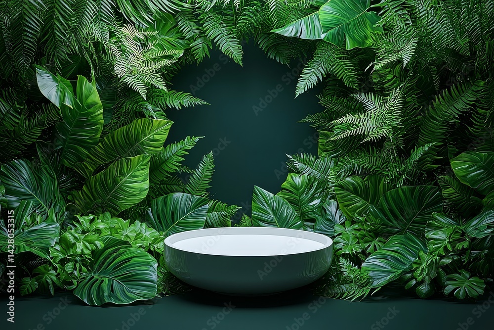 White product podium in the center of an abstract jungle made of ferns, surrounded by lush green foliage, creating a natural and harmonious atmosphere for branding.
White product podium in the center of an abstract jungle made of ferns, surrounded by lush green foliage, creating a natural and harmonious atmosphere for branding.