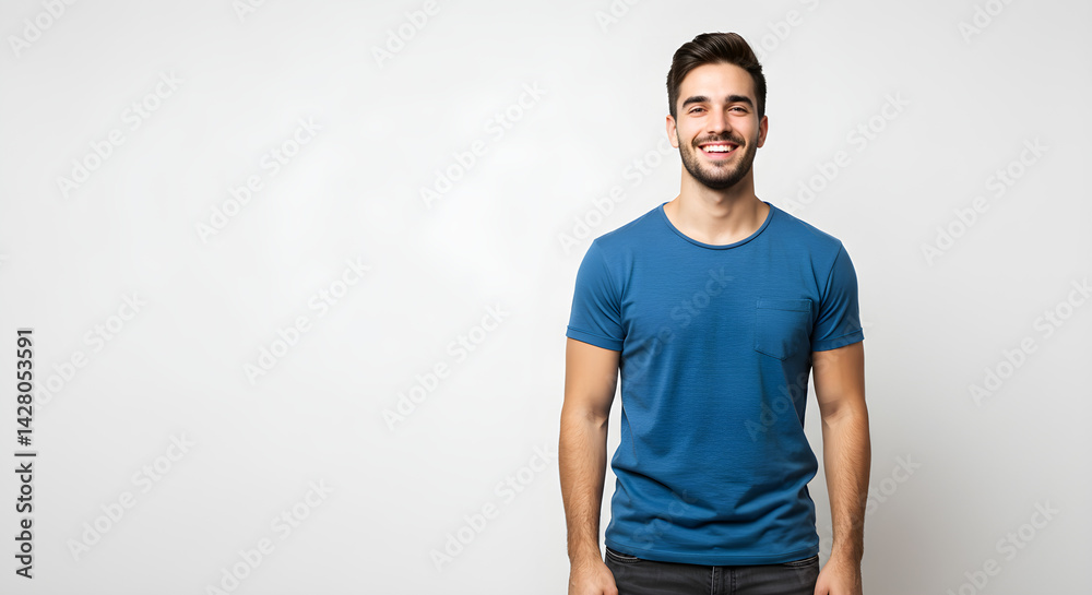 A cheerful young man in a blue t-shirt smiles warmly against a clean white background, exuding positivity and confidence.