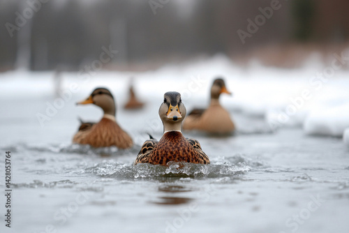 Ducks waddling through melting snow, spring transition 