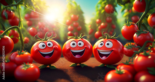 Extreme close-up of a group of cheerful smiling red tomato cartoon characters in a sunny garden, Generative Ai.