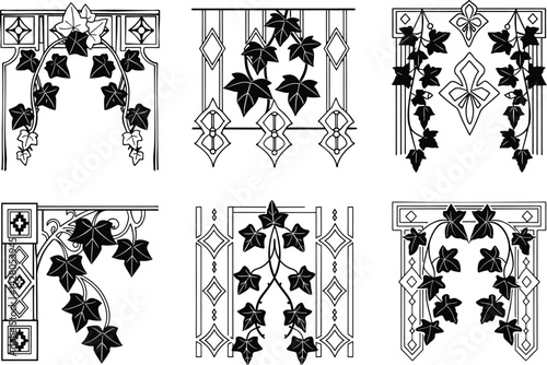 Art nouveau ivy border designs black and white vector illustration