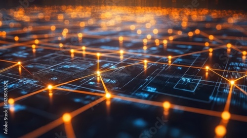 Abstract futuristic digital network with glowing lines and nodes