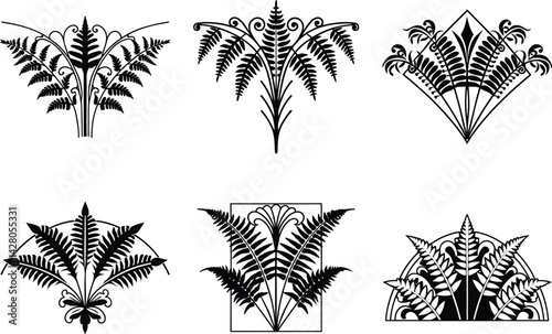 Collection of decorative fern frond ornaments in black and white vector design elements