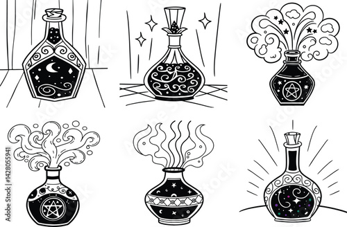 Collection of magical potion bottles black and white hand drawn vector illustration