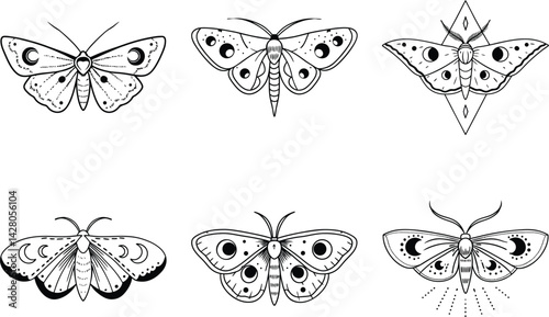 Collection of mystical moths with moon phases in black outline vector illustration