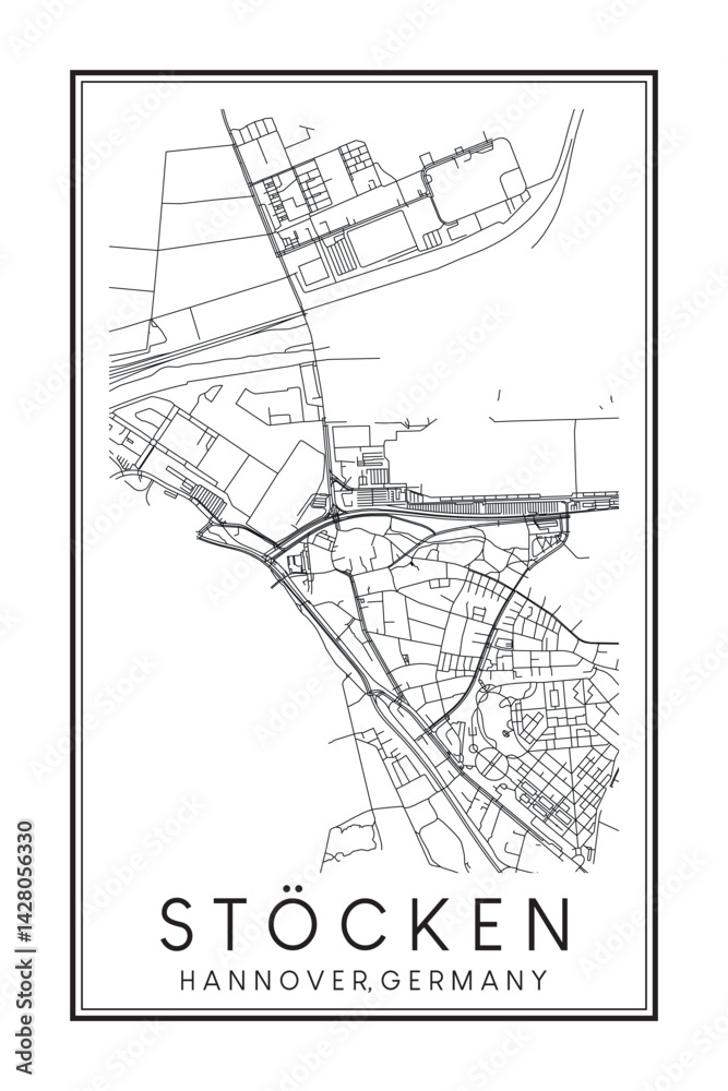 Obraz premium Hand drawn printable downtown road map poster of borough STÖCKEN of the German city of HANOVER on solid white background with city name