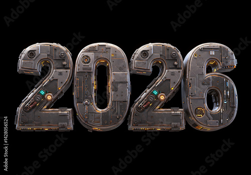 2026 Futuristic Steel Number Design with Dark Background