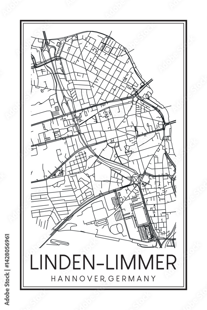 Fototapeta premium Hand drawn printable downtown road map poster of borough LINDEN-LIMMER of the German city of HANOVER on solid white background with city name