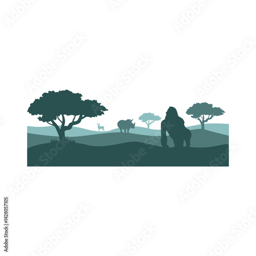 Wild life silhouette landscape. Vector mountains forest woodland background with wild animal.	