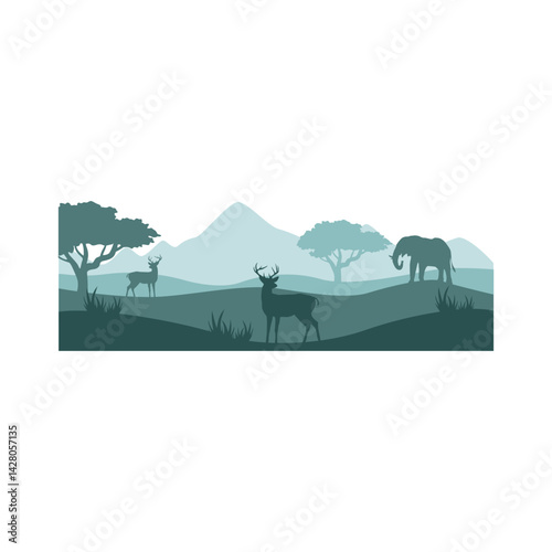 Wild life silhouette landscape. Vector mountains forest woodland background with wild animal.	