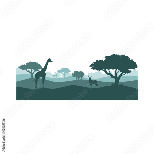 Wild life silhouette landscape. Vector mountains forest woodland background with wild animal.	