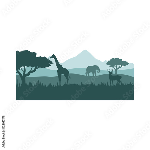 Wild life silhouette landscape. Vector mountains forest woodland background with wild animal.	