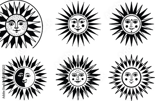 Hand drawn black and white sun icons collection with faces and rays