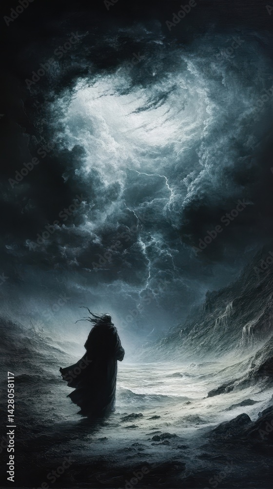 Fototapeta premium A solitary figure confronts a turbulent, ominous sky.