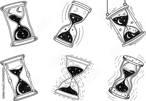 Six hourglass illustrations with celestial motifs in black and white