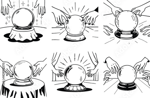 Crystal ball line art set hands fortune telling black and white illustration