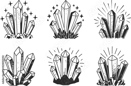 Collection of hand drawn crystals isolated on white background with stars and radiating lines