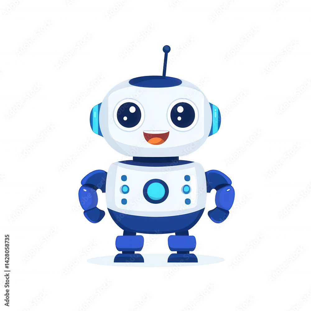 Charming cartoon robot character with a friendly smile, designed with blue and white colors, suitable for children's media, tech design, and modern illustrations. Charming cartoon robot character with a friendly smile, designed with blue and white colors, suitable for children's media, tech design, and modern illustrations.