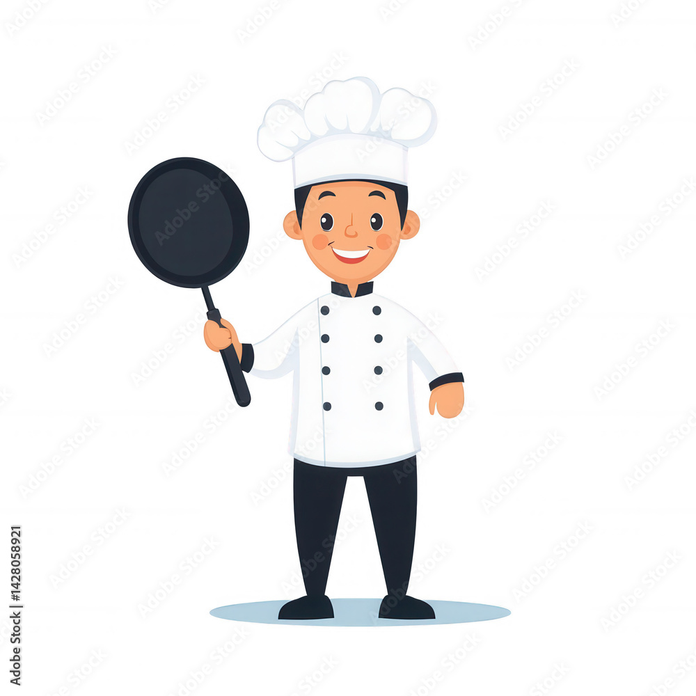 Cheerful cartoon chef holding a frying pan, wearing a classic white chef coat and hat, ready to cook delicious meals, isolated on a white background. Cheerful cartoon chef holding a frying pan, wearing a classic white chef coat and hat, ready to cook delicious meals, isolated on a white background.