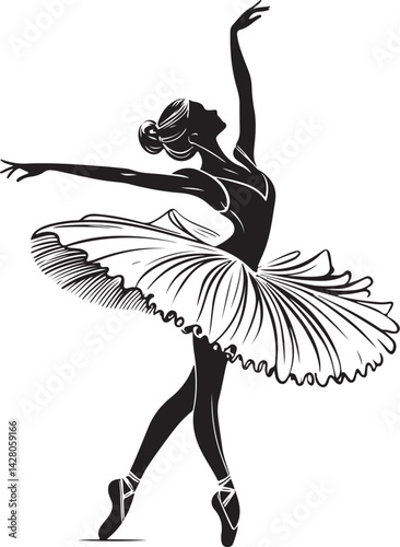 Ballet Dancer Ballerina Black and White Vector Illustration, Sketch Drawing Line Linear Symbol Icon Engraving, Hand-drawn Isolated
