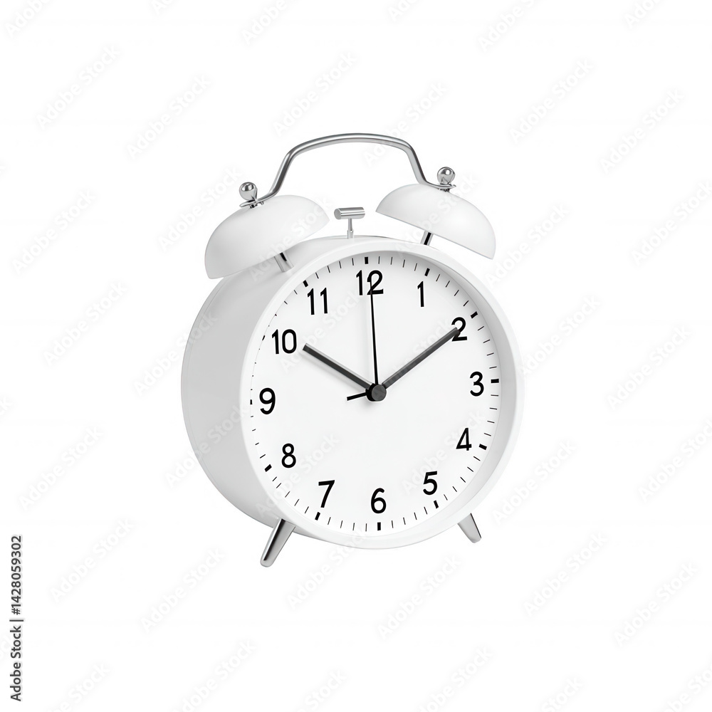 Classic white alarm clock with a round face and dual bells, placed on a clean, white background, symbolizing time management and punctuality. Classic white alarm clock with a round face and dual bells, placed on a clean, white background, symbolizing time management and punctuality.